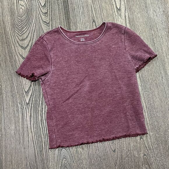 American Eagle AE Waffle Baby Tee Cropped Crewneck Short Sleeves Burgundy Size M - Picture 1 of 4